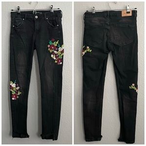 Zara Floral Embroidered Black Skinny Jeans